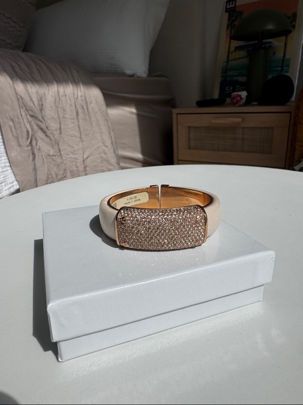 Henri Bendel Crystal Cuff Bracelet Leather Gold Tone Statement Bangle - Picture 3 of 8